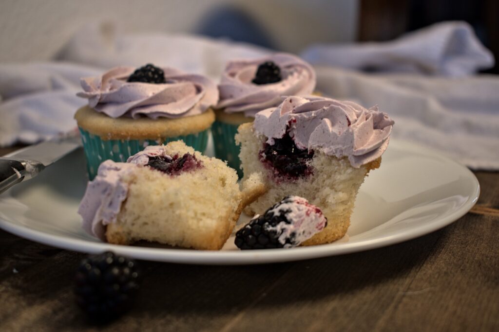 dairy-free vanilla bean cupcakes with blackberry buttercream 