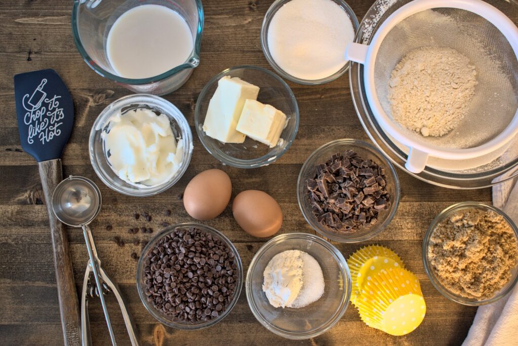 ingredients in Chocolate chip cookie dough cupcakes